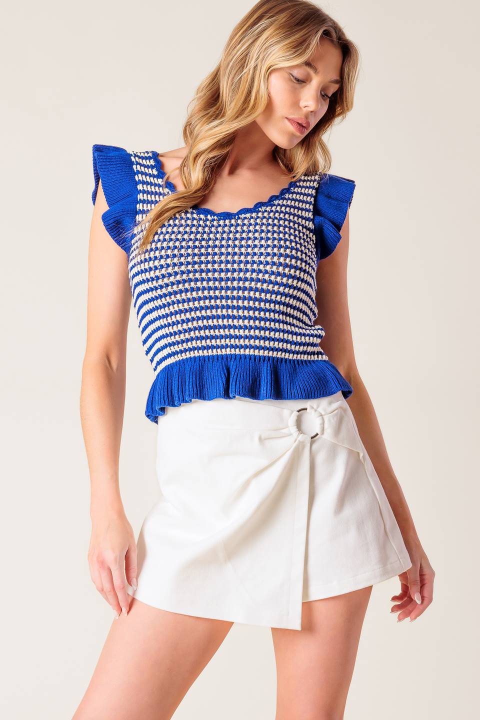 Out West Blue Sweater Knit Top with Ruffled Sleeves