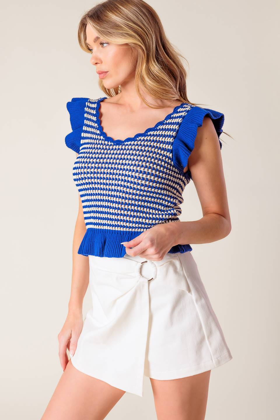 Out West Blue Sweater Knit Top with Ruffled Sleeves