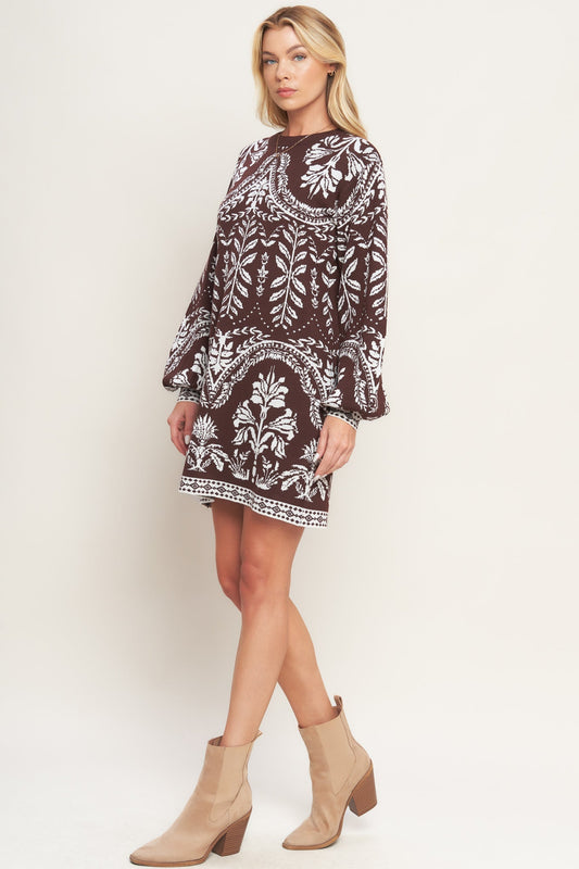 Terra Tapestry Sweater Knit Mini Dress Crew Neckline Flying Tomato