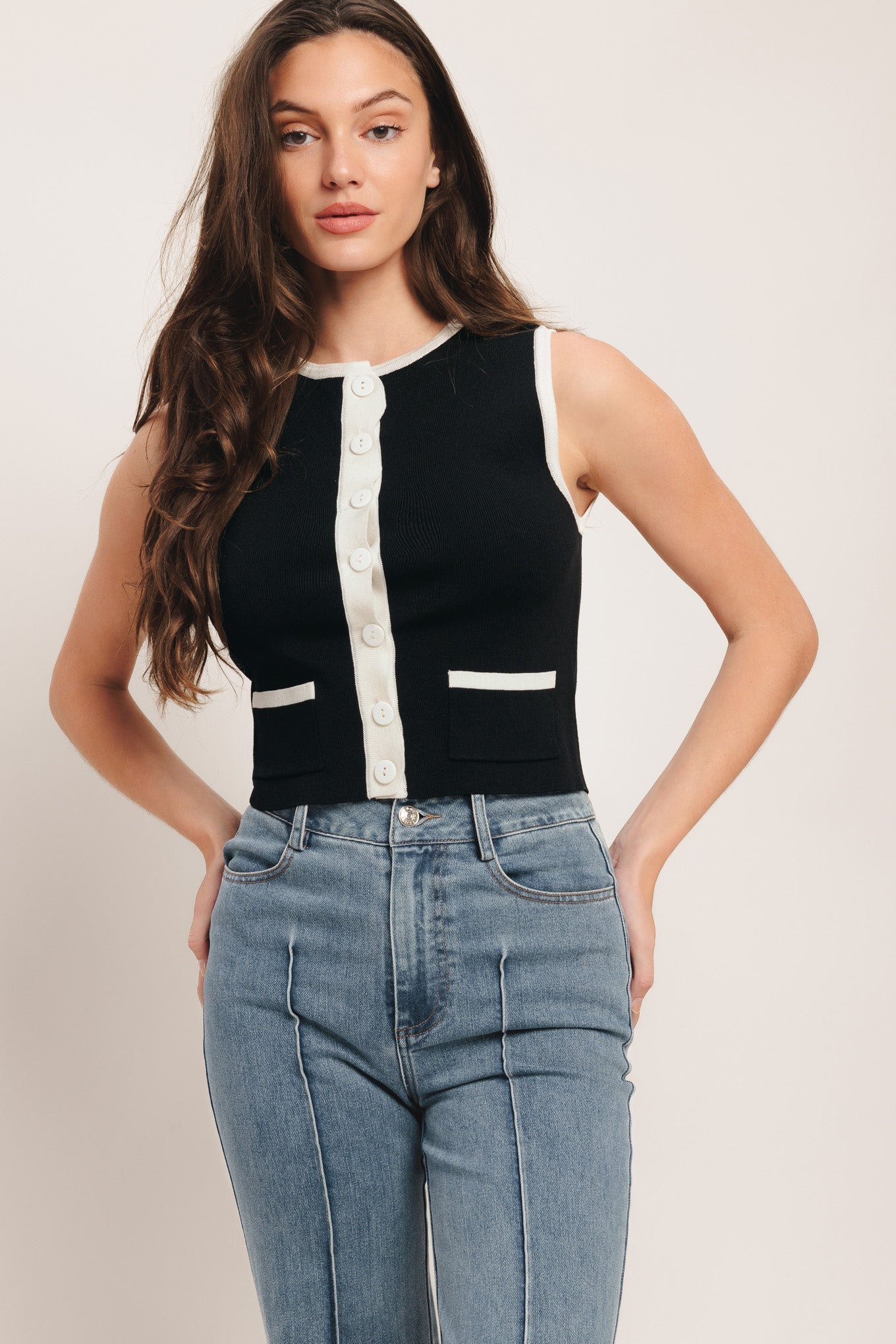 Red Color Block Knit Tank Top With Button Front Pockets Flying Tomato