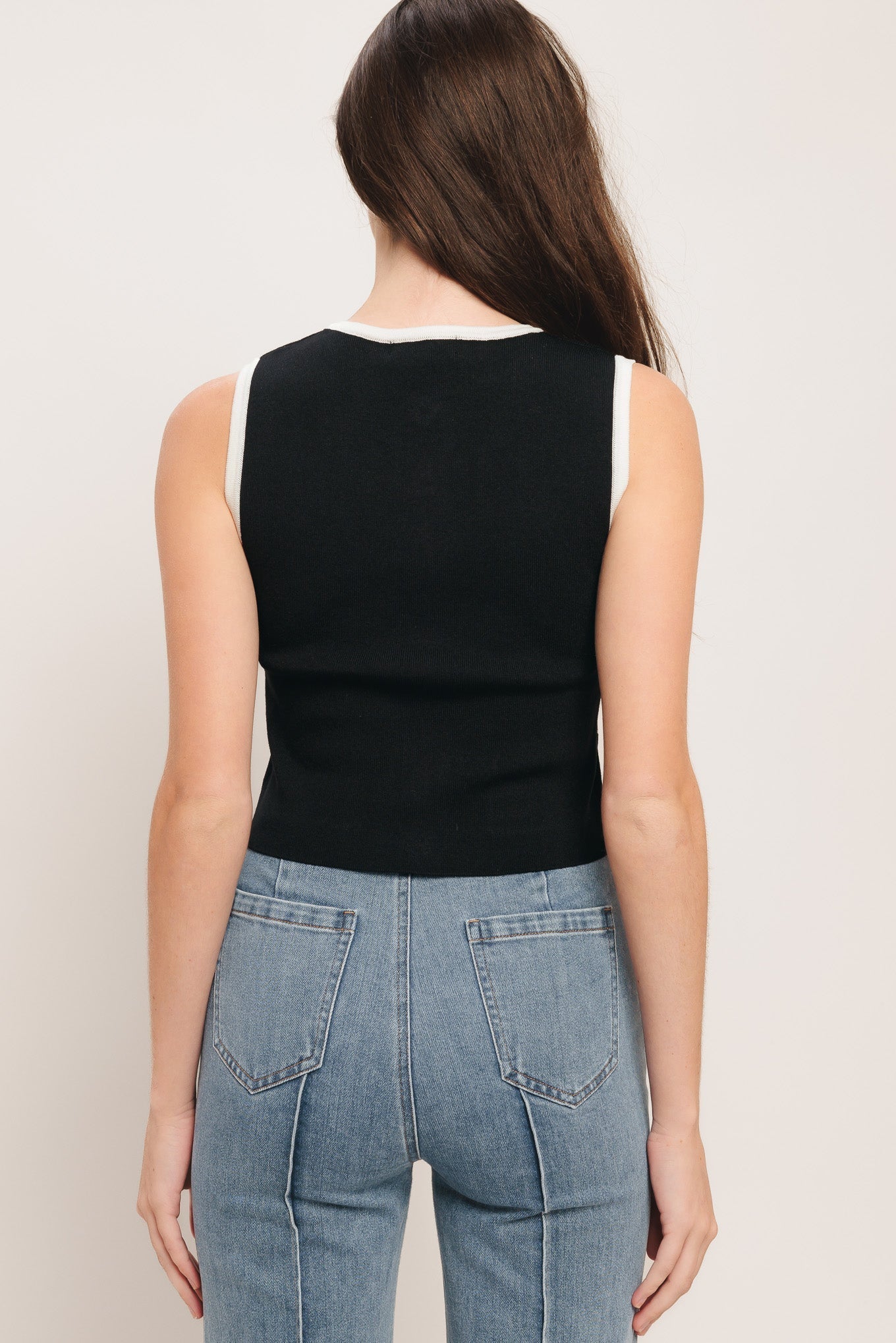 Red Color Block Knit Tank Top With Button Front Pockets Flying Tomato