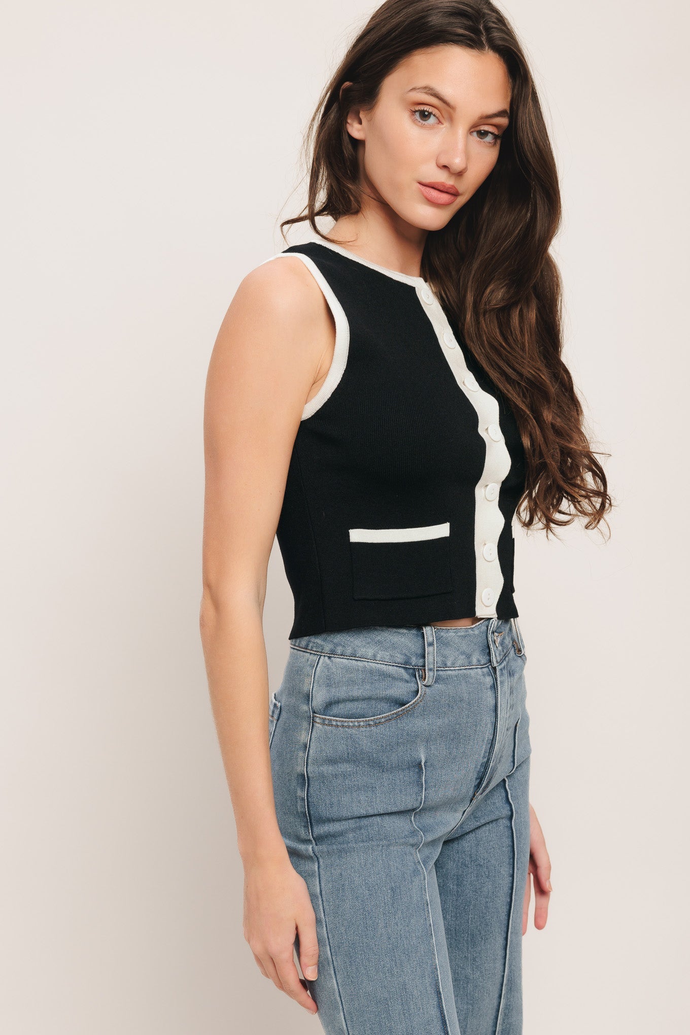 Red Color Block Knit Tank Top With Button Front Pockets Flying Tomato