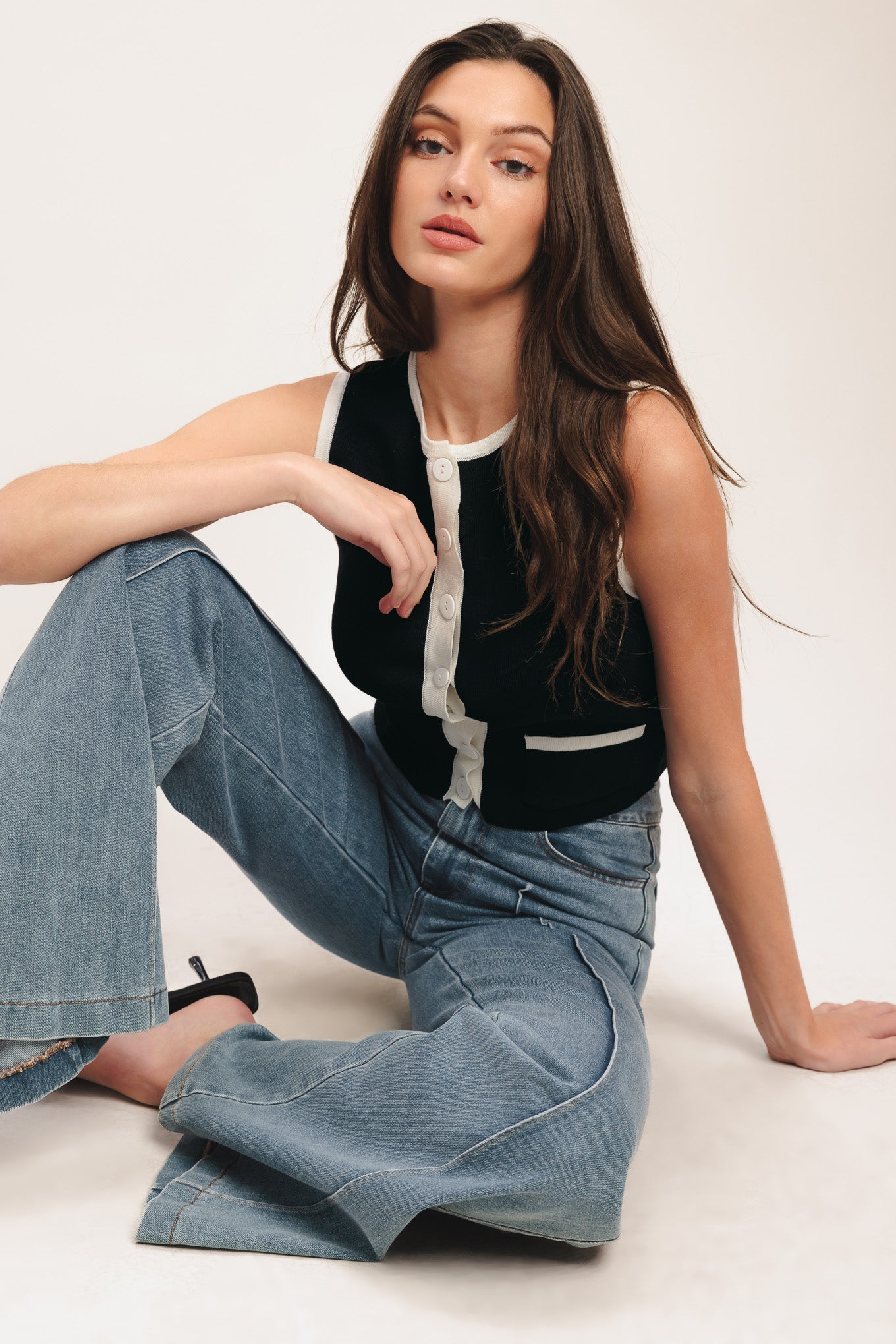 Red Color Block Knit Tank Top With Button Front Pockets Flying Tomato