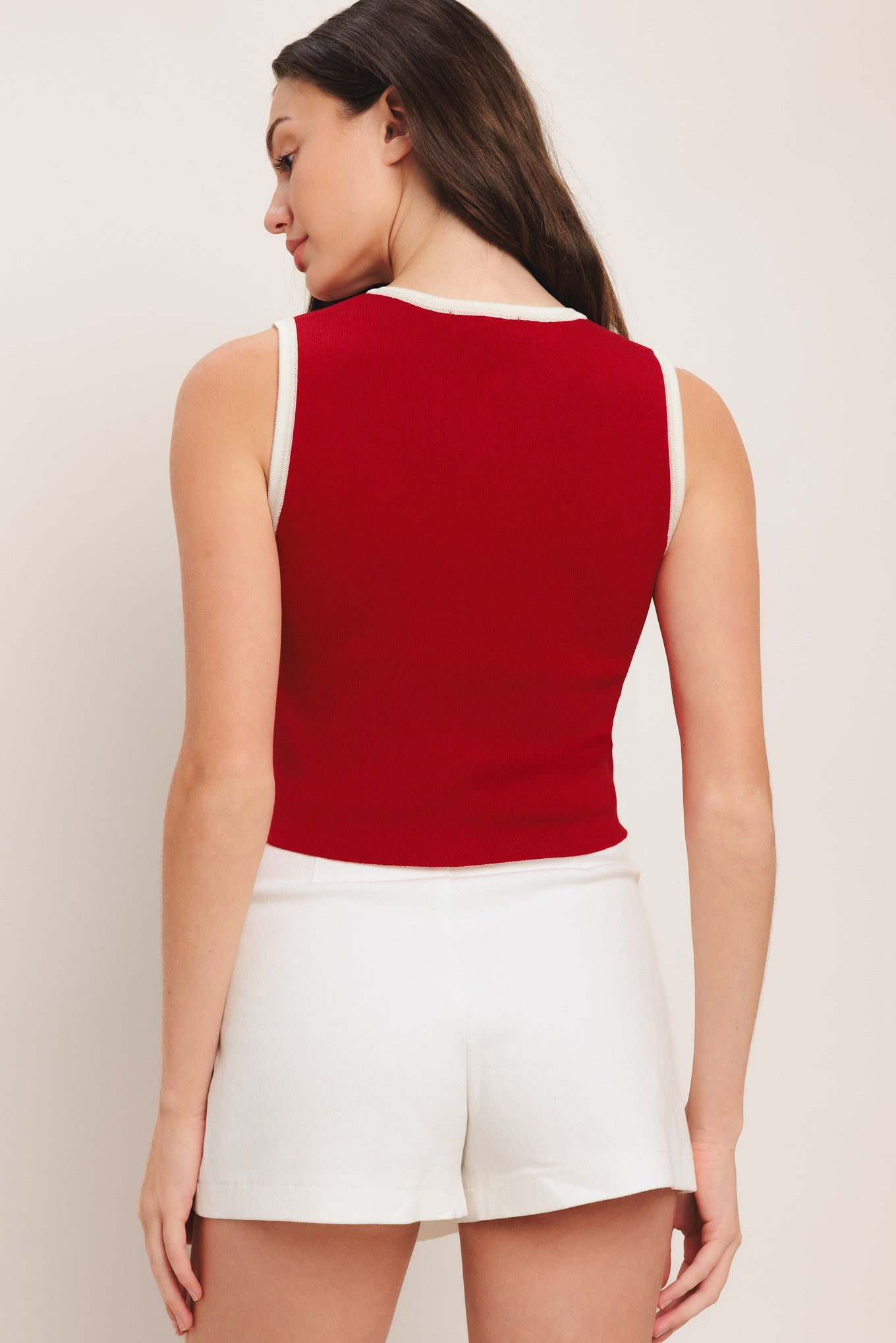 Red Color Block Knit Tank Top With Button Front Pockets Flying Tomato