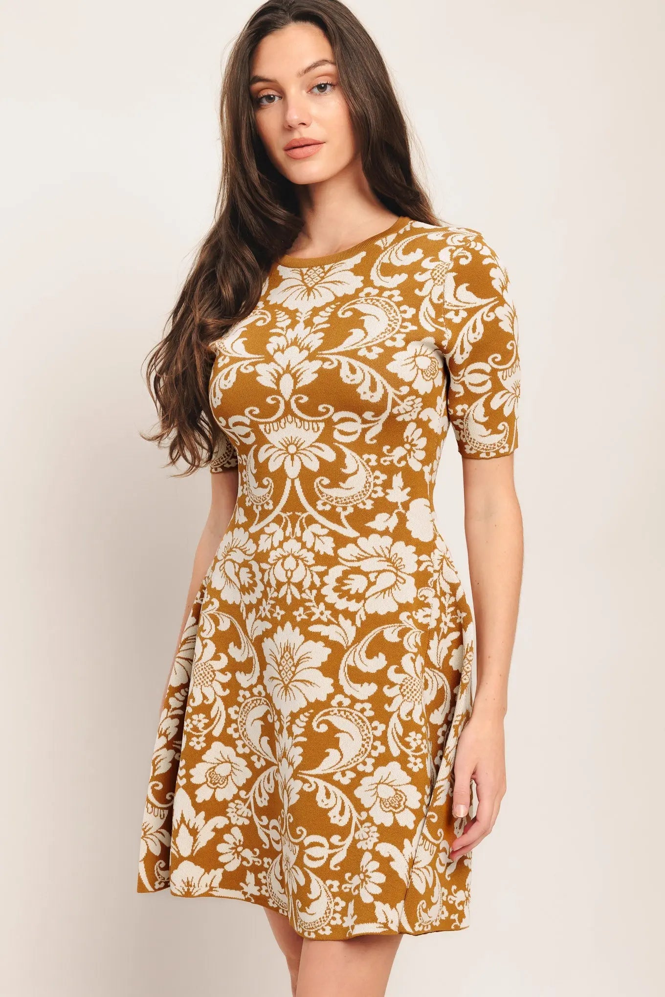 Amber Bloom Sweater Knit Mini Dress With Floral Damask Print Flying Tomato