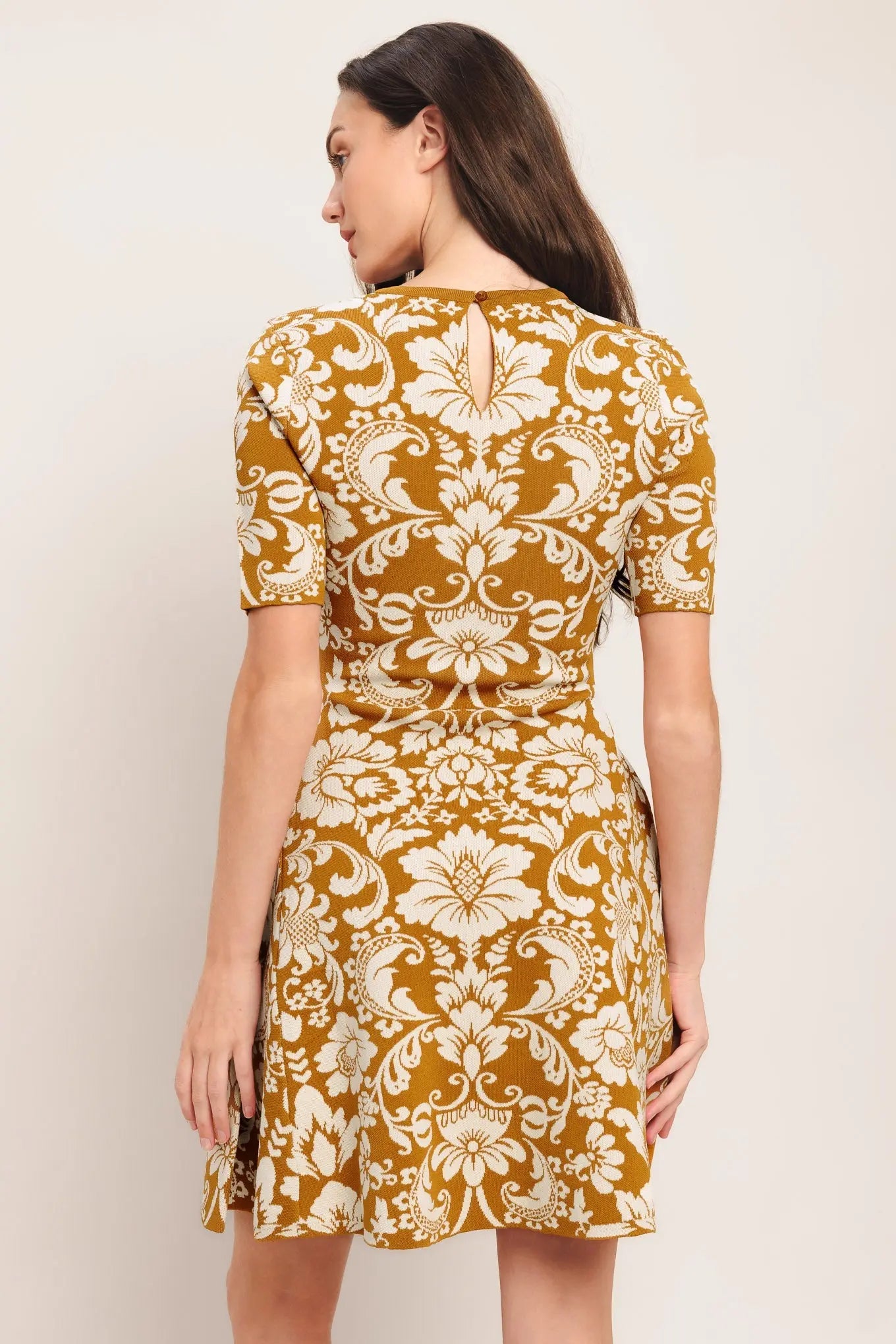 Amber Bloom Sweater Knit Mini Dress With Floral Damask Print Flying Tomato