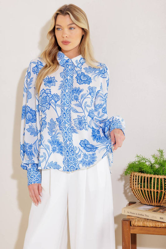 Printed Blue Floral Cotton Woven Top With Long Sleeve And Button Down Flying Tomato
