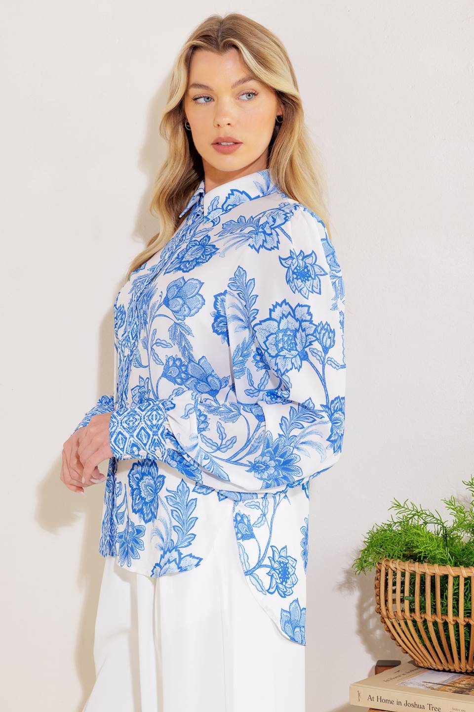 Printed Blue Floral Cotton Woven Top With Long Sleeve And Button Down Flying Tomato
