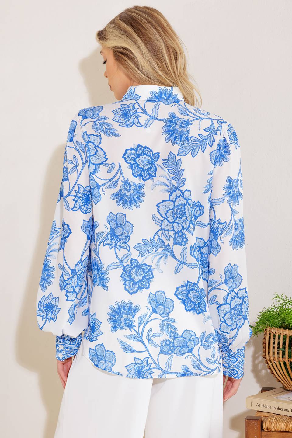 Printed Blue Floral Cotton Woven Top With Long Sleeve And Button Down Flying Tomato