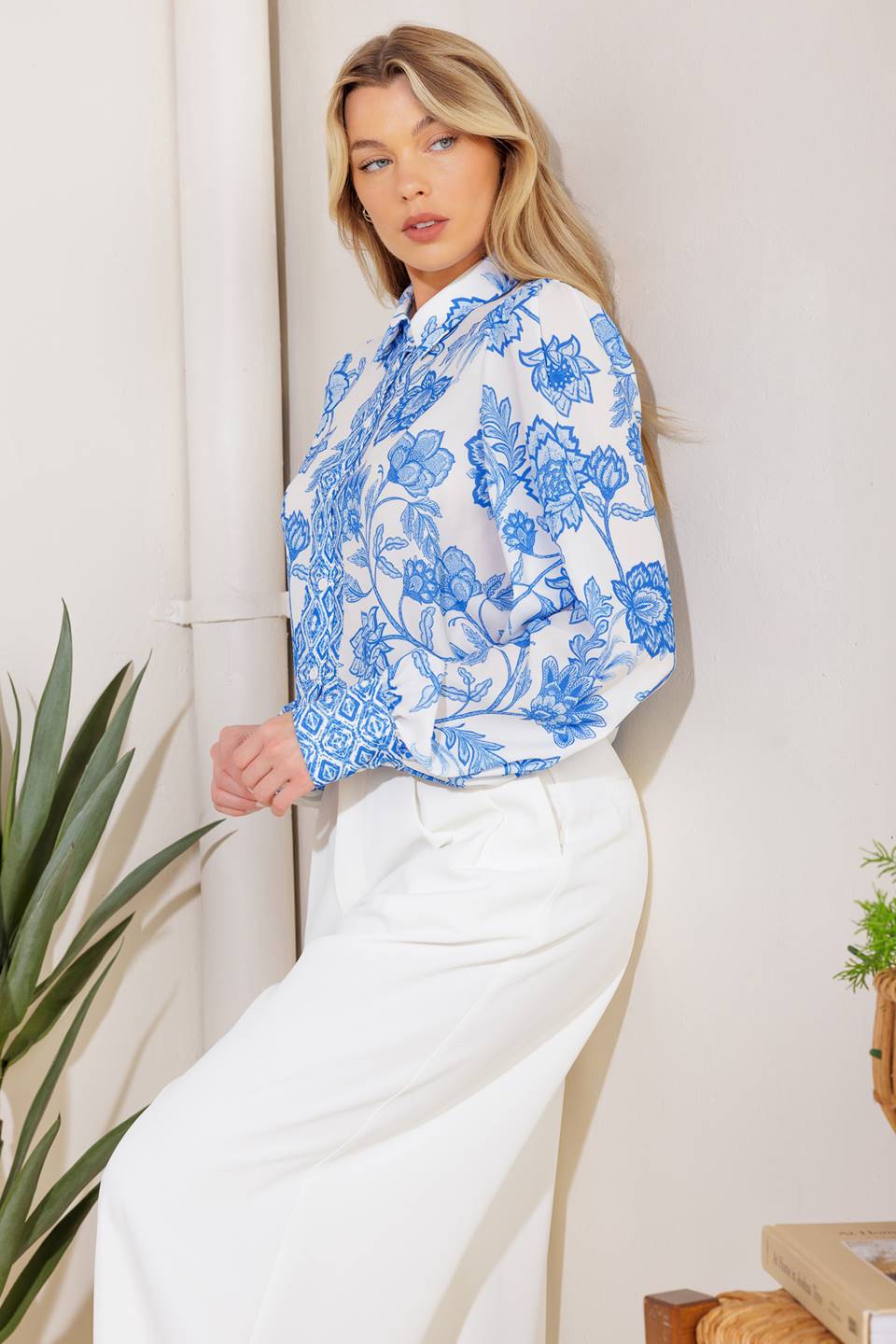 Printed Blue Floral Cotton Woven Top With Long Sleeve And Button Down Flying Tomato