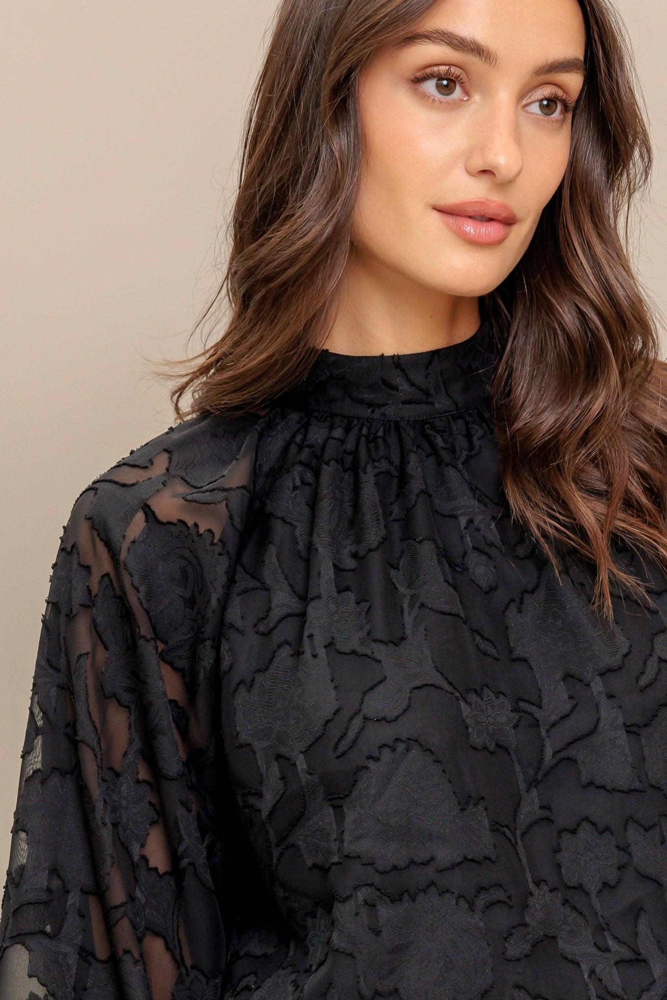 Flying Tomato Solaris Dream Woven Top on a model from a different angle, emphasizing its flattering drape and comfortable, qu
