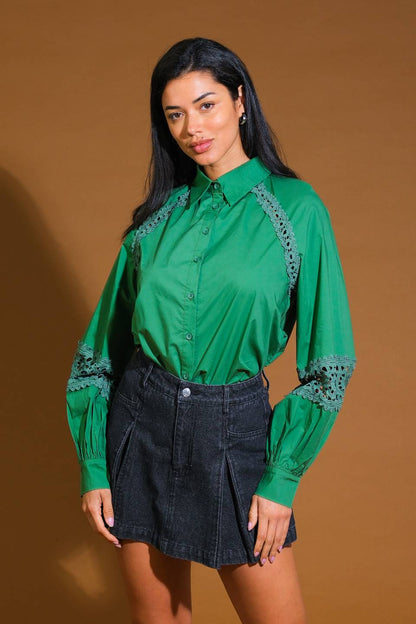 Check Yourself Woven Top With Lace Inset Detail Cotton