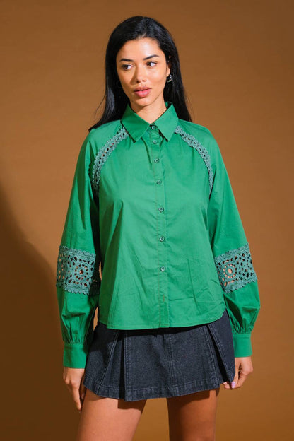 Check Yourself Woven Top With Lace Inset Detail Cotton