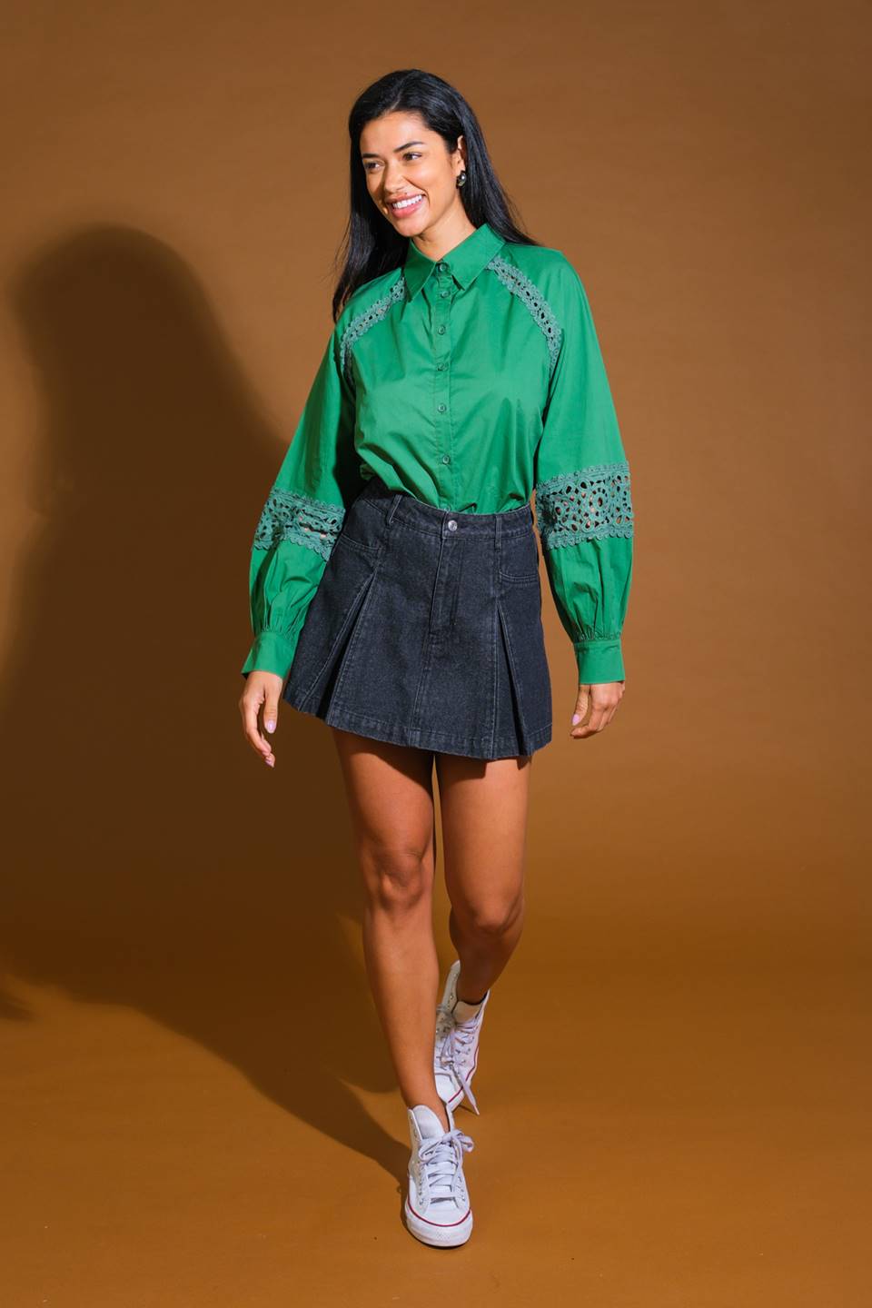 Check Yourself Woven Top With Lace Inset Detail Cotton