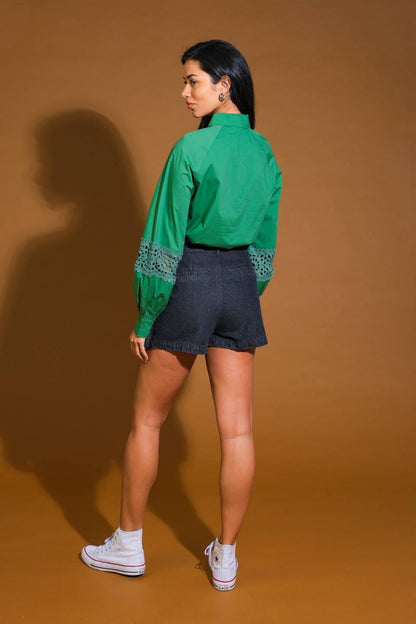 Check Yourself Woven Top With Lace Inset Detail Cotton
