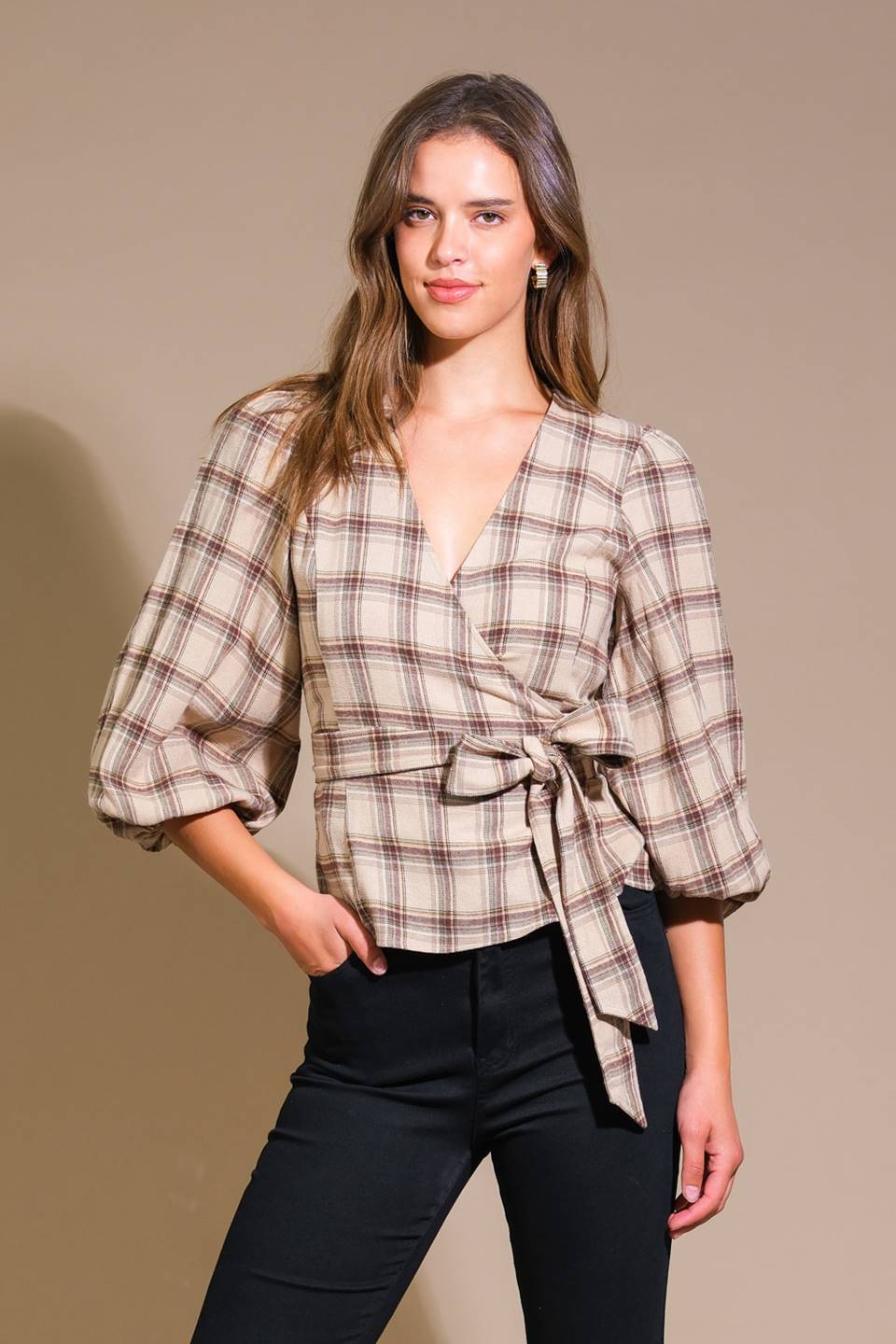 WHAT YOU NEED WOVEN PLAID TOP