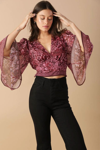 TIMELESS ANGEL SLEEVED WOVEN CROP TOP