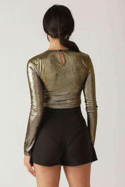 EMBELLISHED MESH BODYSUIT WITH SNAP CLOSURE