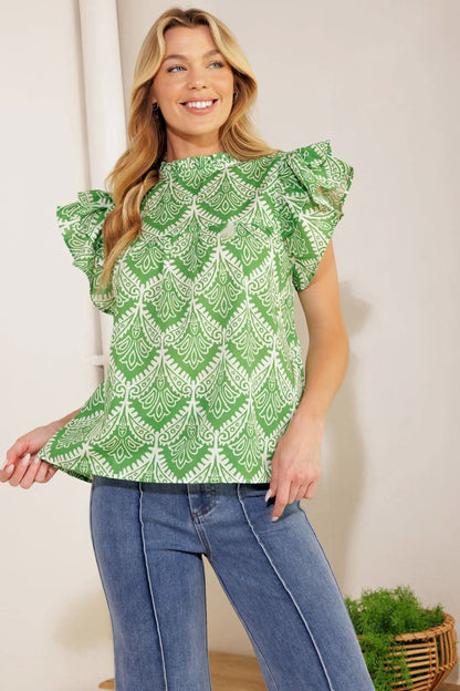 WOVEN TOP WITH RUFFLED NECKLINE