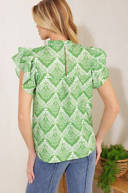 WOVEN TOP WITH RUFFLED NECKLINE