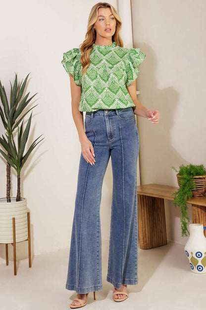 WOVEN TOP WITH RUFFLED NECKLINE