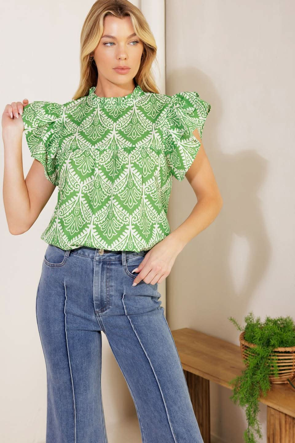 WOVEN TOP WITH RUFFLED NECKLINE