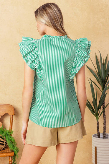 Riviera Retreat Striped Woven Top With Ruffled Neckline