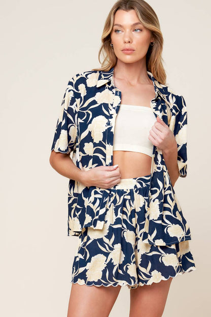 SLOW MORNINGS NAVY WOVEN TOP AND SHORTS SET