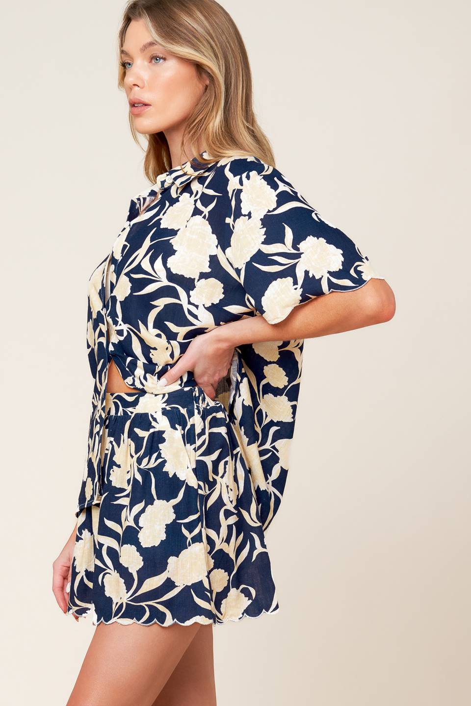 SLOW MORNINGS NAVY WOVEN TOP AND SHORTS SET Flying Tomato