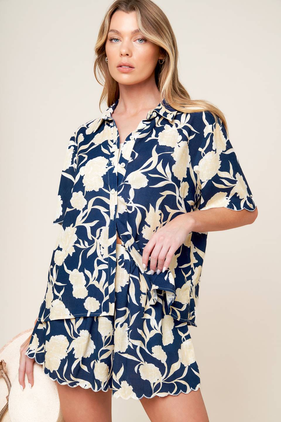 SLOW MORNINGS NAVY WOVEN TOP AND SHORTS SET Flying Tomato