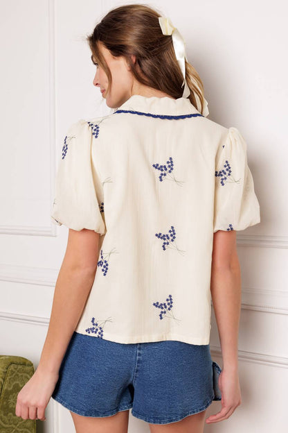 WOVEN EMBROIDERED ROUND COLLAR TOP