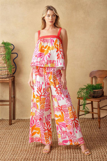 WOVEN CAMI TOP AND WIDE LEG PANT SET