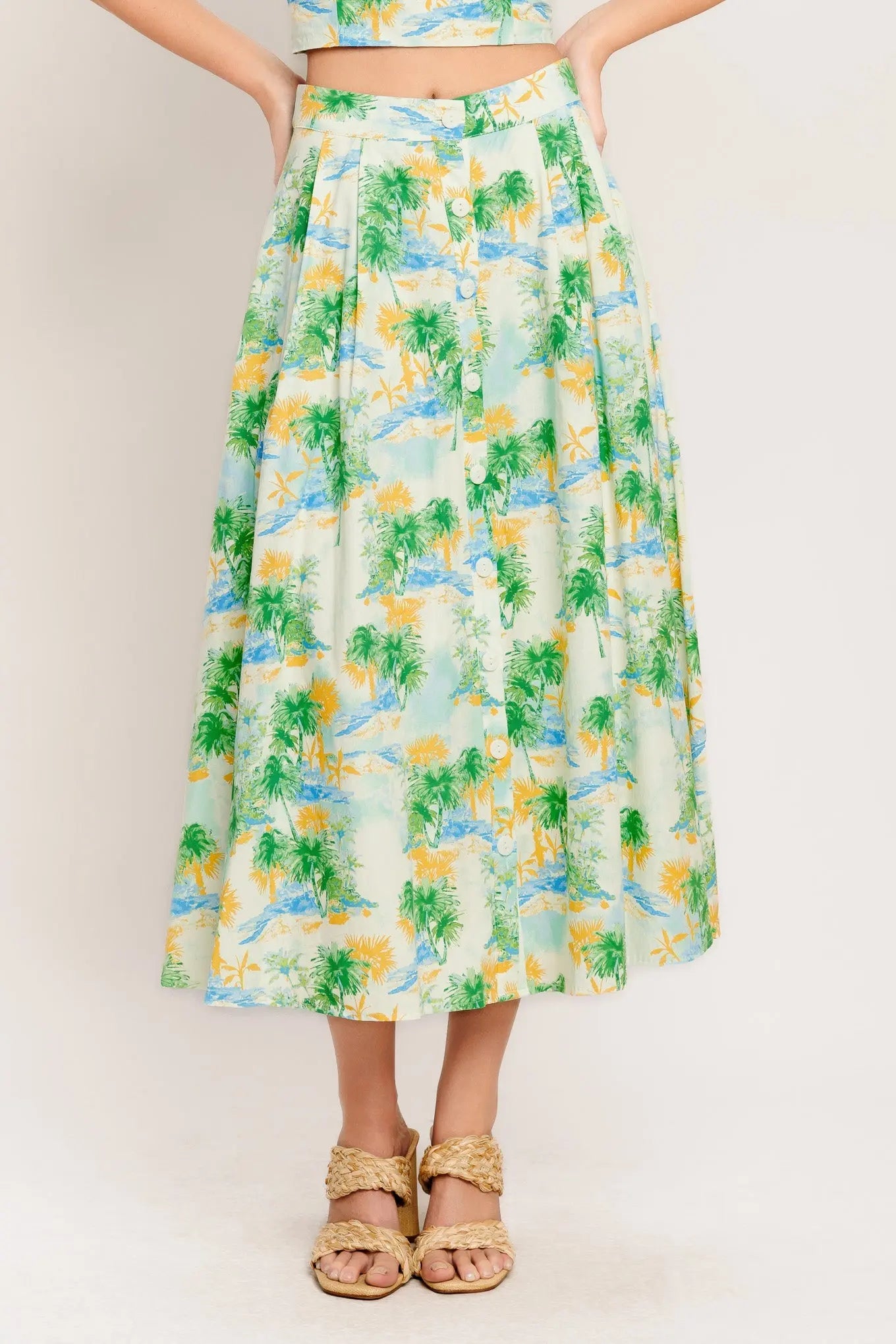 Tropical Palm Tree Print Cotton Woven Halter Top And Skirt Set Flying Tomato