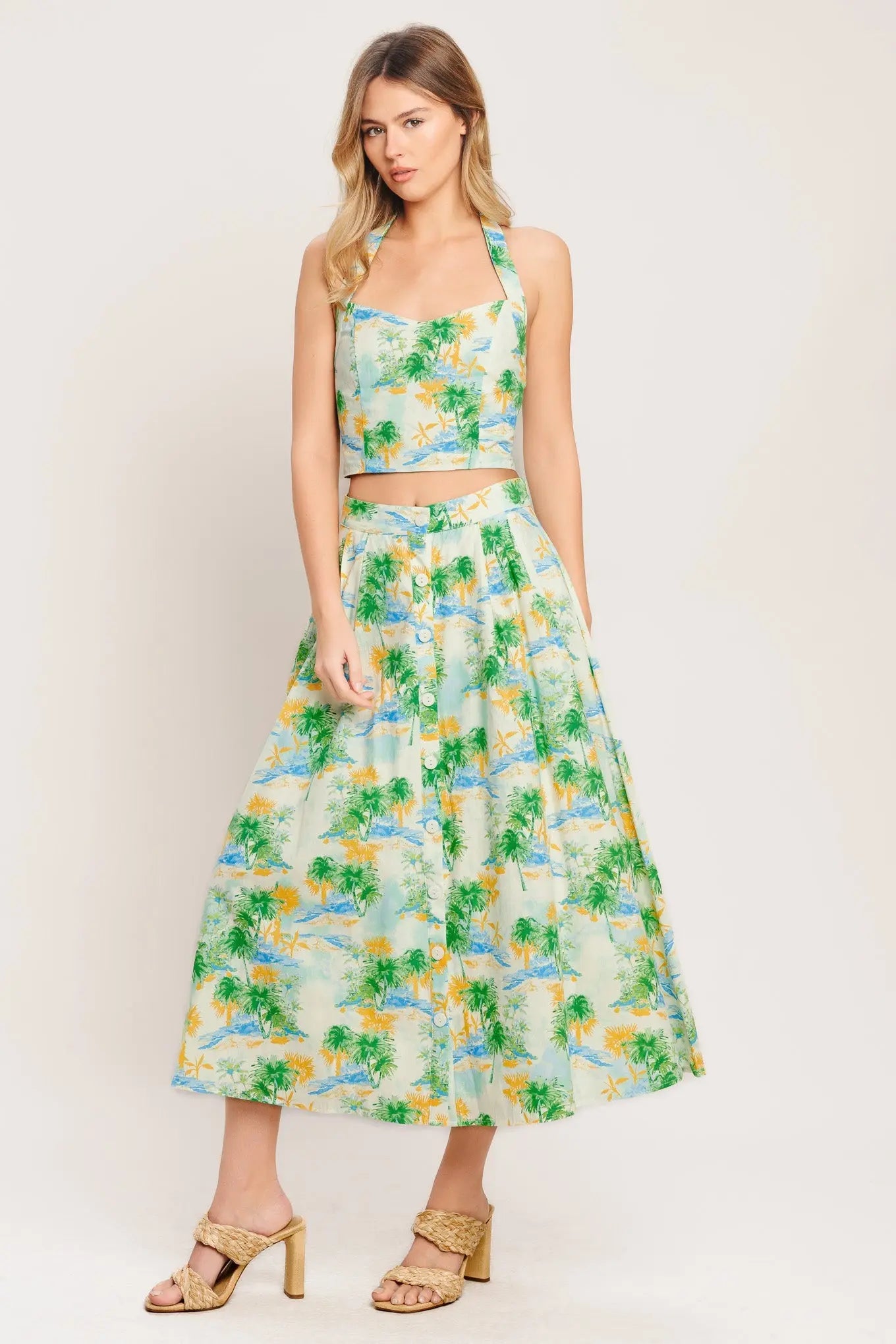Tropical Palm Tree Print Cotton Woven Halter Top And Skirt Set Flying Tomato