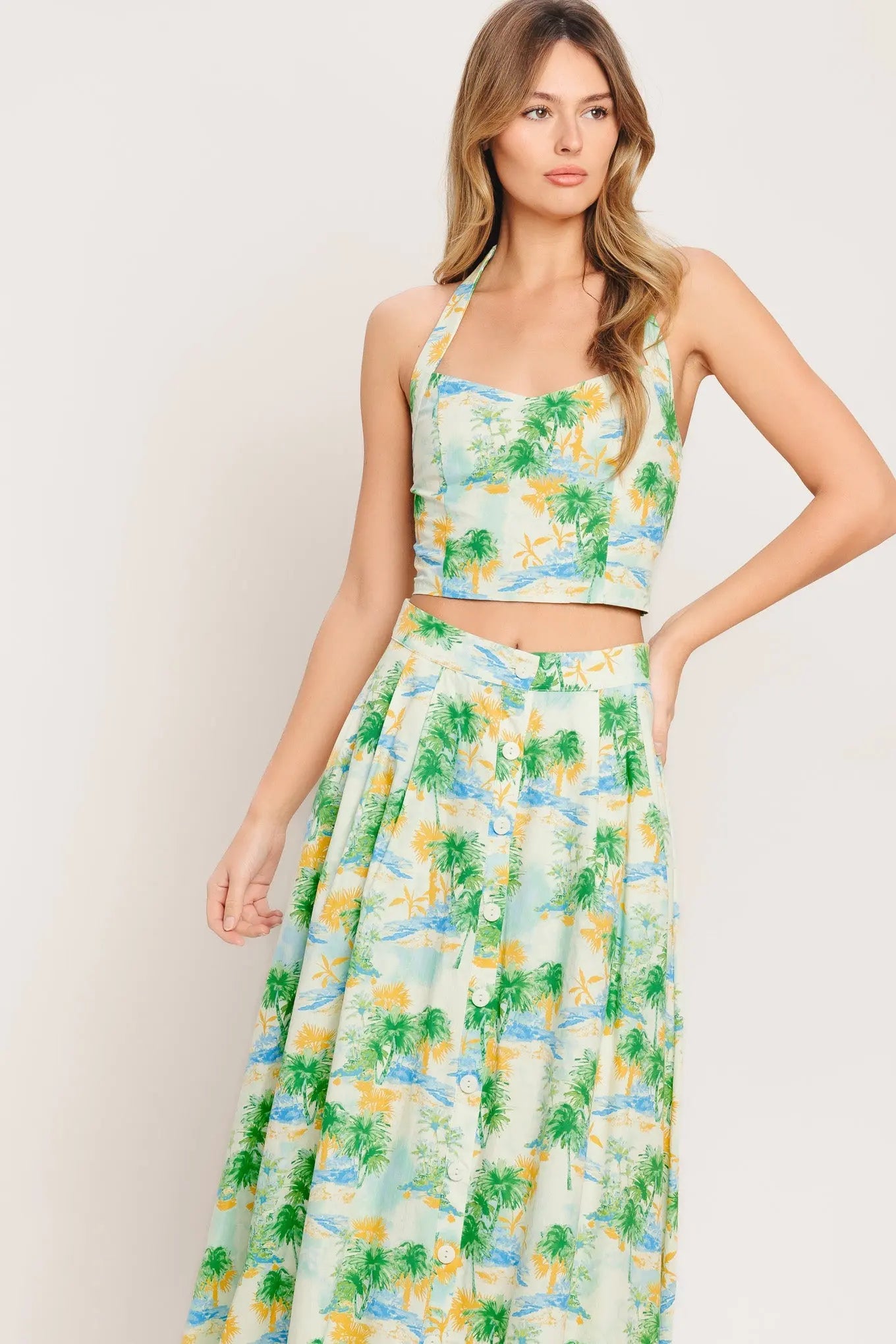 Tropical Palm Tree Print Cotton Woven Halter Top And Skirt Set Flying Tomato