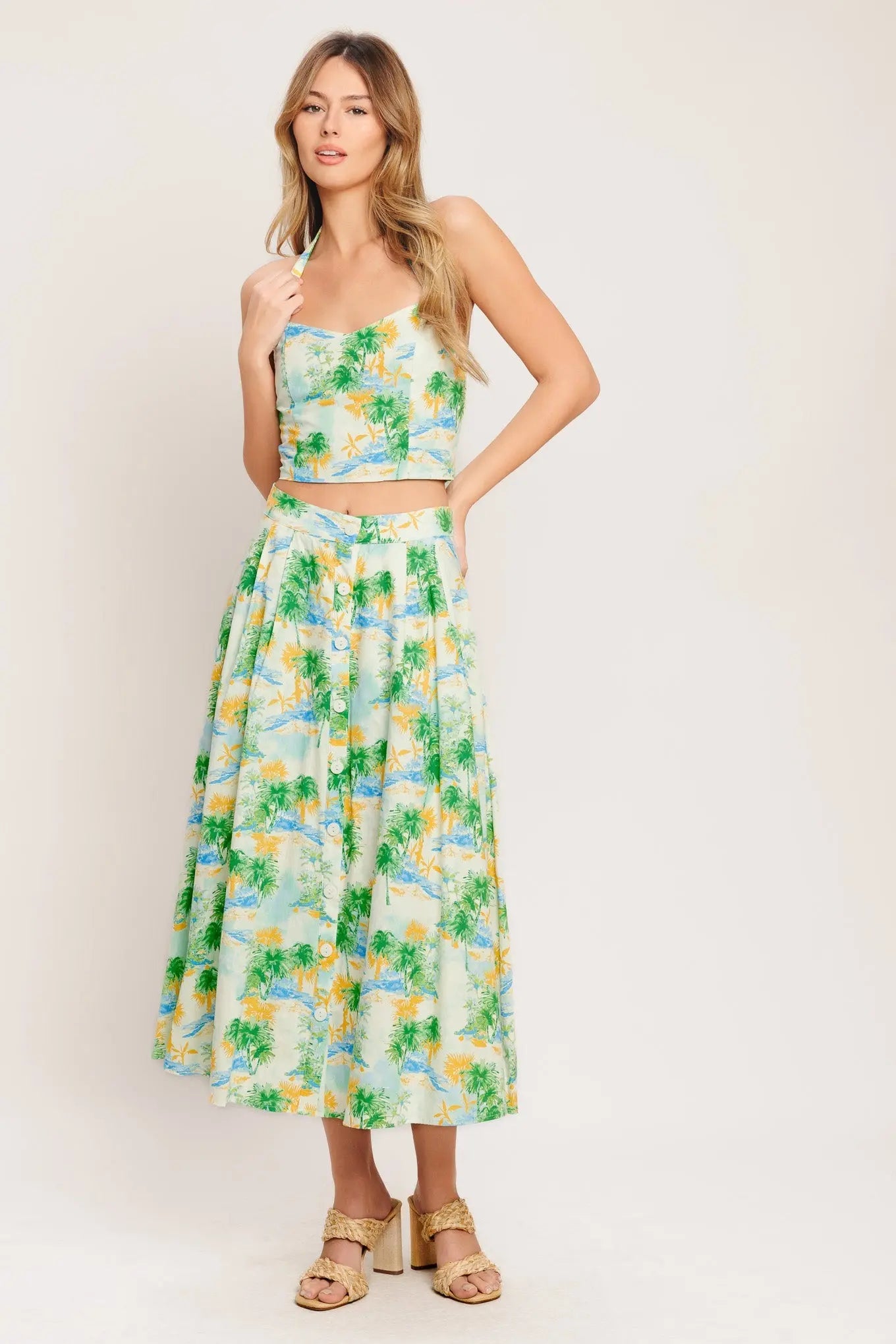 Tropical Palm Tree Print Cotton Woven Halter Top And Skirt Set Flying Tomato