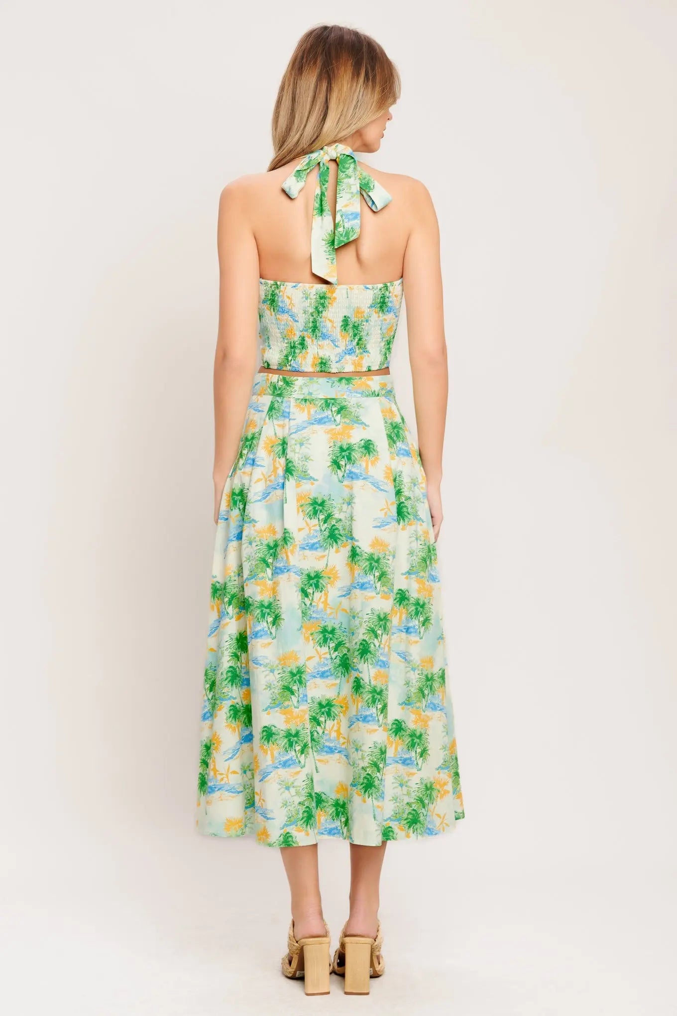 Tropical Palm Tree Print Cotton Woven Halter Top And Skirt Set Flying Tomato
