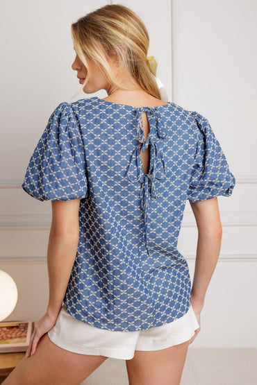 Ripples Of Time Woven Top Round Neck Puff Sleeve Back Tie