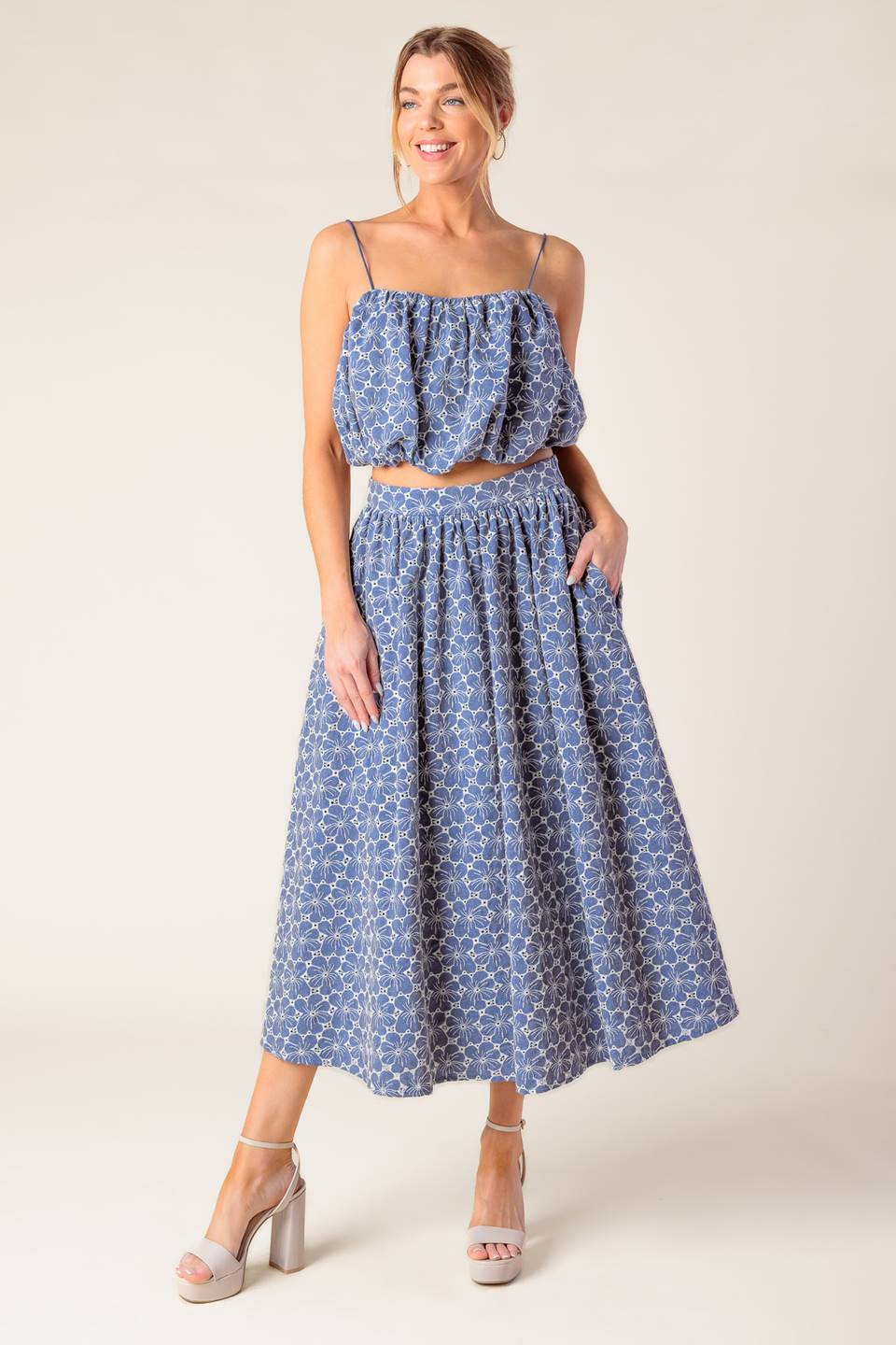 THE BEAUTY OF NOW WOVEN EYELET TOP AND SKIRT SET Flying Tomato