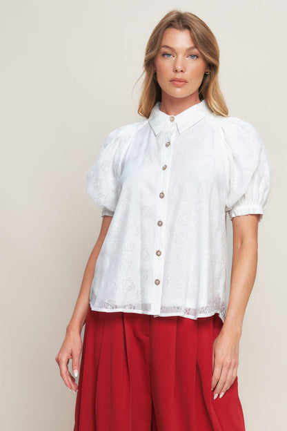 Vineyard Stroll Ivory Woven Top Raglan Sleeves Button Down