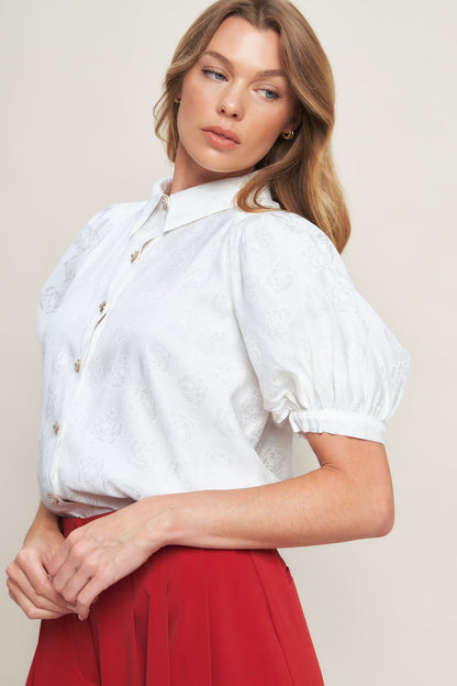 Vineyard Stroll Ivory Woven Top Raglan Sleeves Button Down