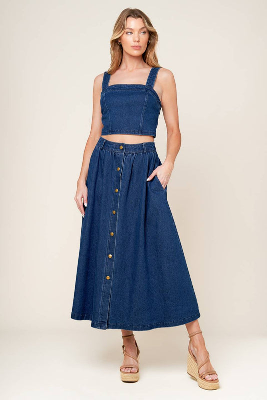 SIMPLY THE VIBE DENIM TOP AND SKIRT SET Flying Tomato