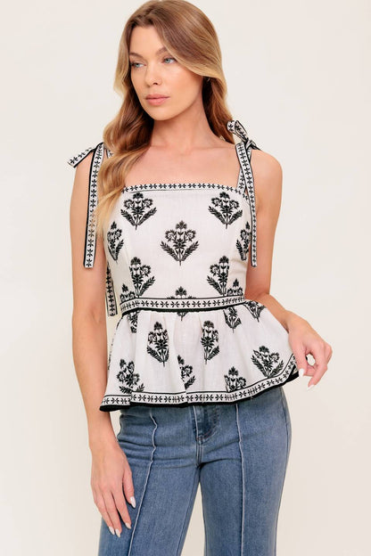 Serene Kiss Woven Top Printed With Shoulder Tie Peplum