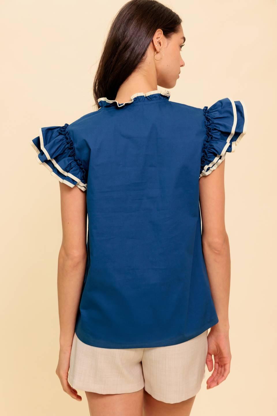Flying Tomato THE TIME IS RIGHT WOVEN TOP, elegant back view, emphasizing its flattering silhouette and quality construction.