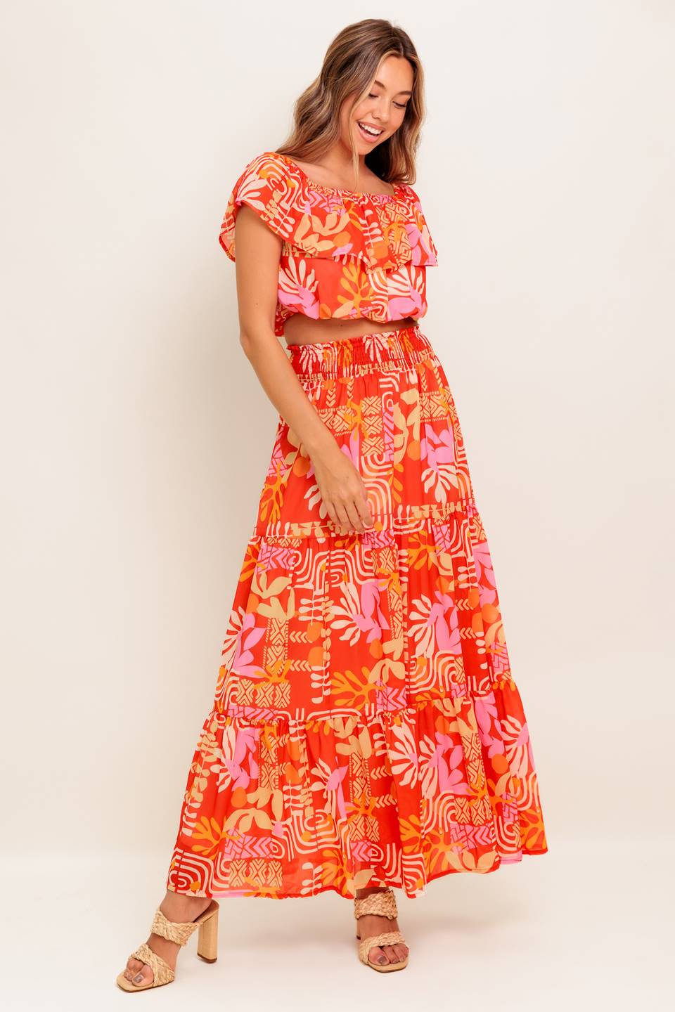 FAINT SUNBEAM RED WOVEN TOP AND SKIRT SET Flying Tomato