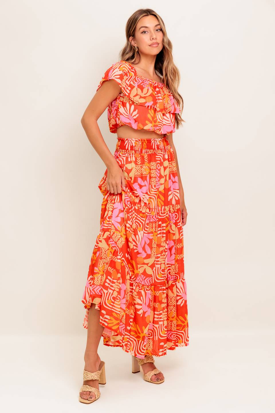 FAINT SUNBEAM RED WOVEN TOP AND SKIRT SET Flying Tomato