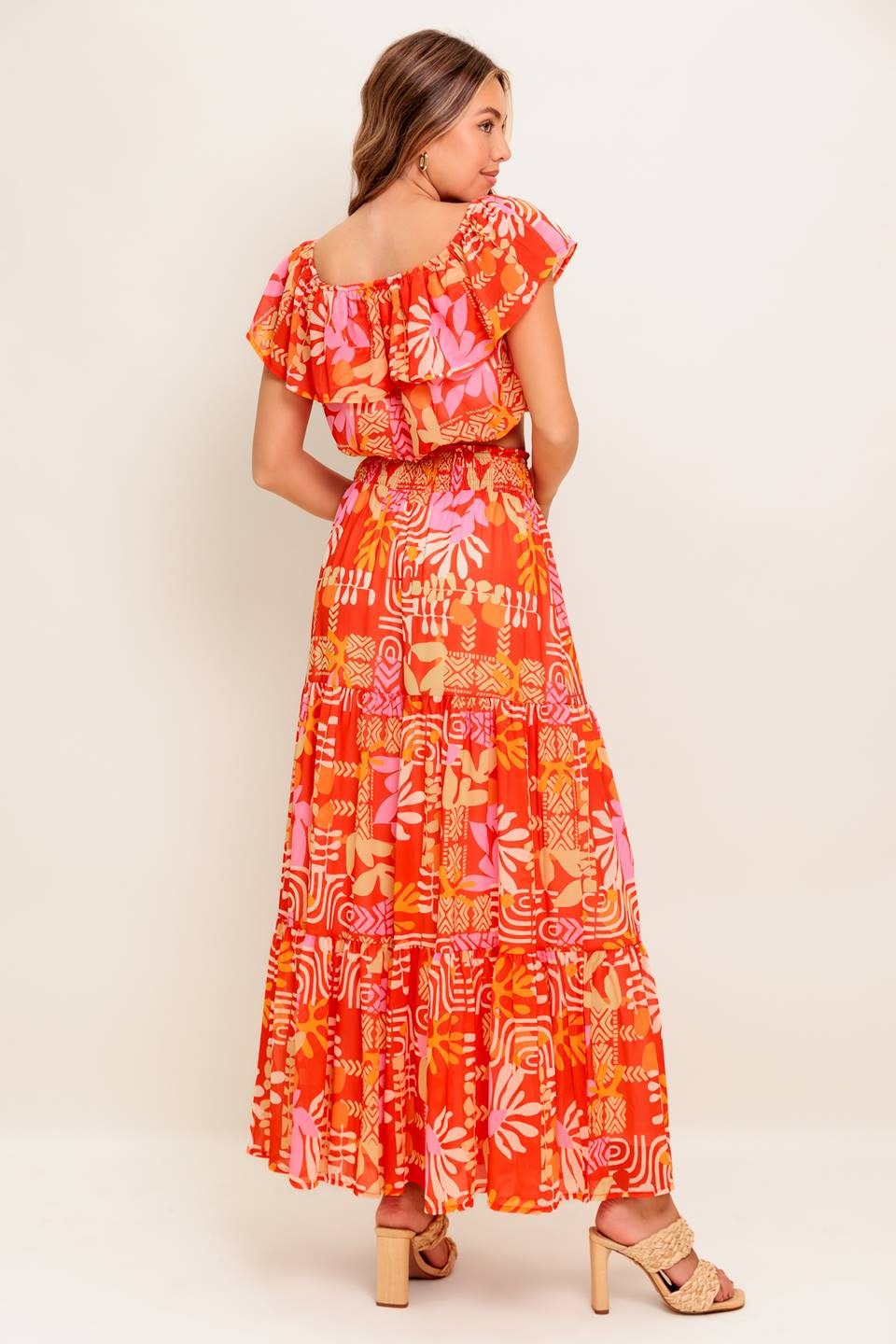 FAINT SUNBEAM RED WOVEN TOP AND SKIRT SET Flying Tomato