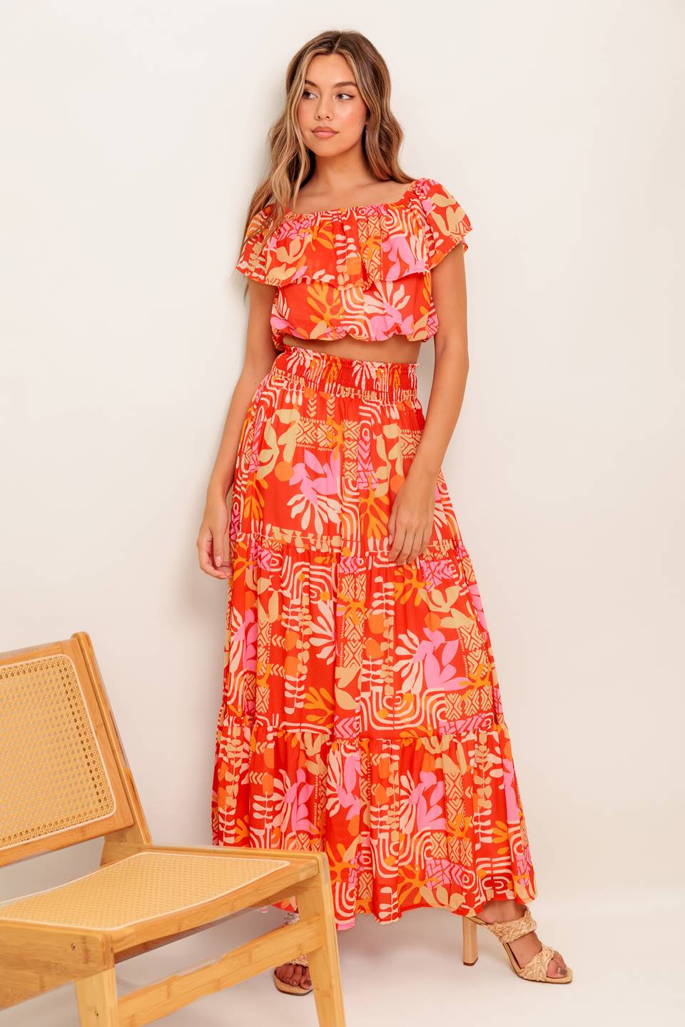 FAINT SUNBEAM RED WOVEN TOP AND SKIRT SET Flying Tomato