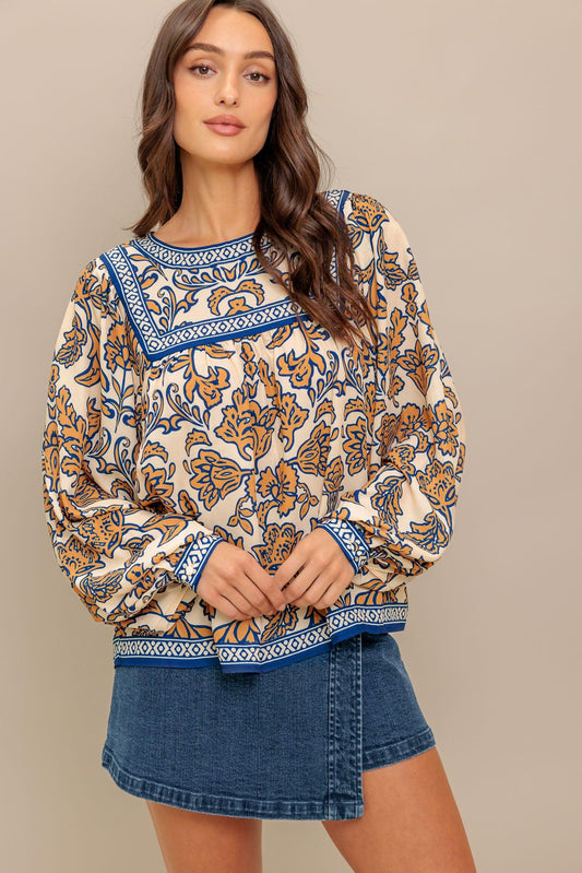 Flying Tomato Boheme Meadow Woven Top, full front view. Features a relaxed bohemian style with intricate woven fabric and a vibrant meadow-inspired pattern.