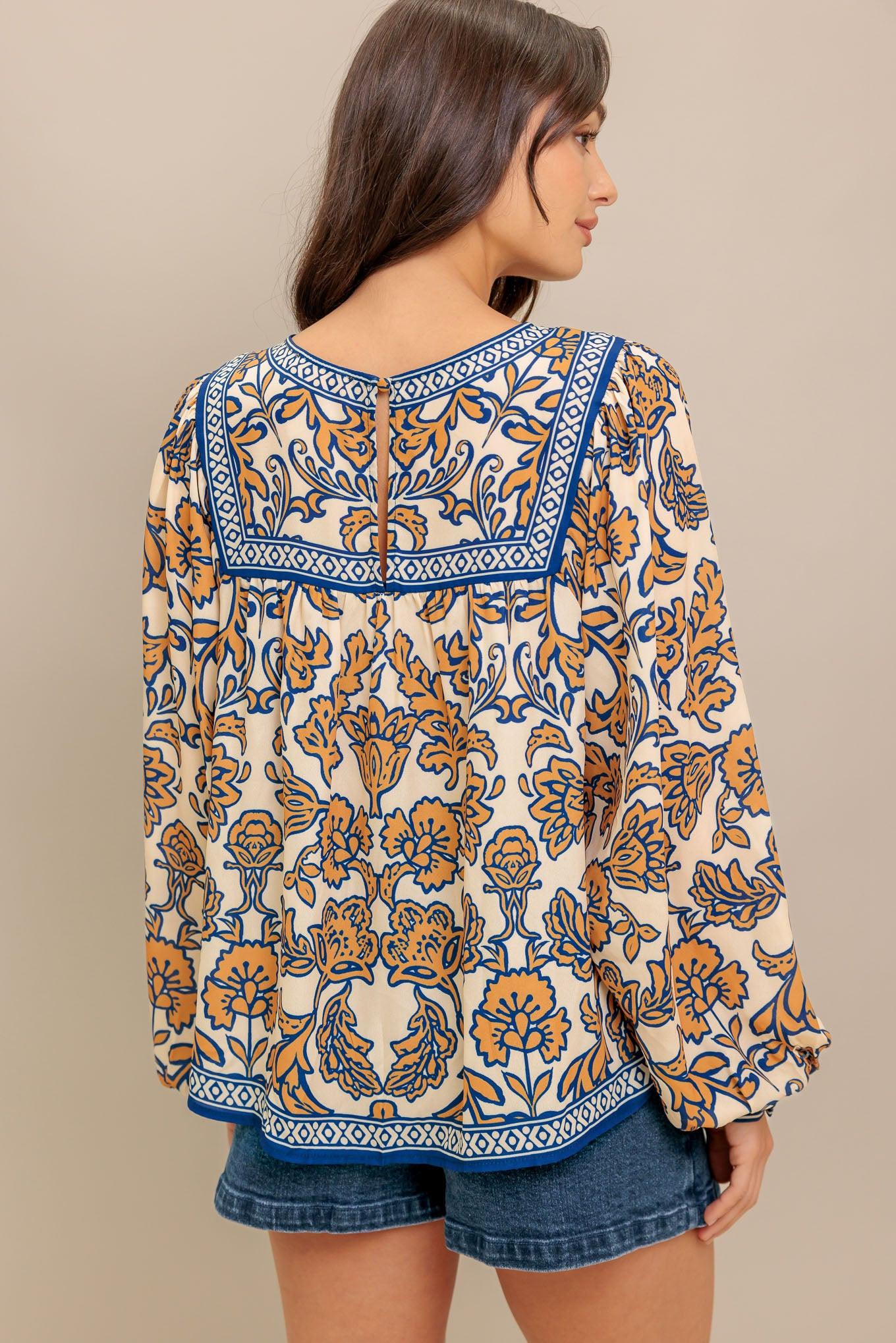 Flying Tomato Boheme Meadow Woven Top, back view, revealing its comfortable, flowy silhouette and delicate back detailing, ideal for summer.